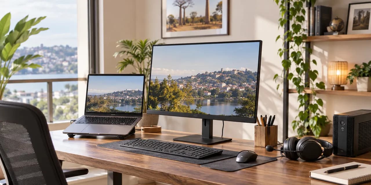 A complete workstation: computer, screen, headset and UPS