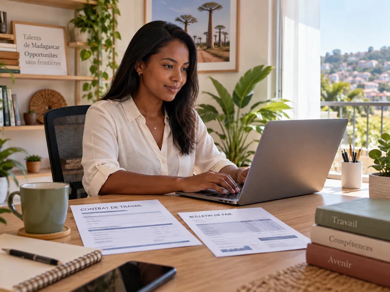 A Malagasy professional working remotely, local employment contract and payslip on her desk