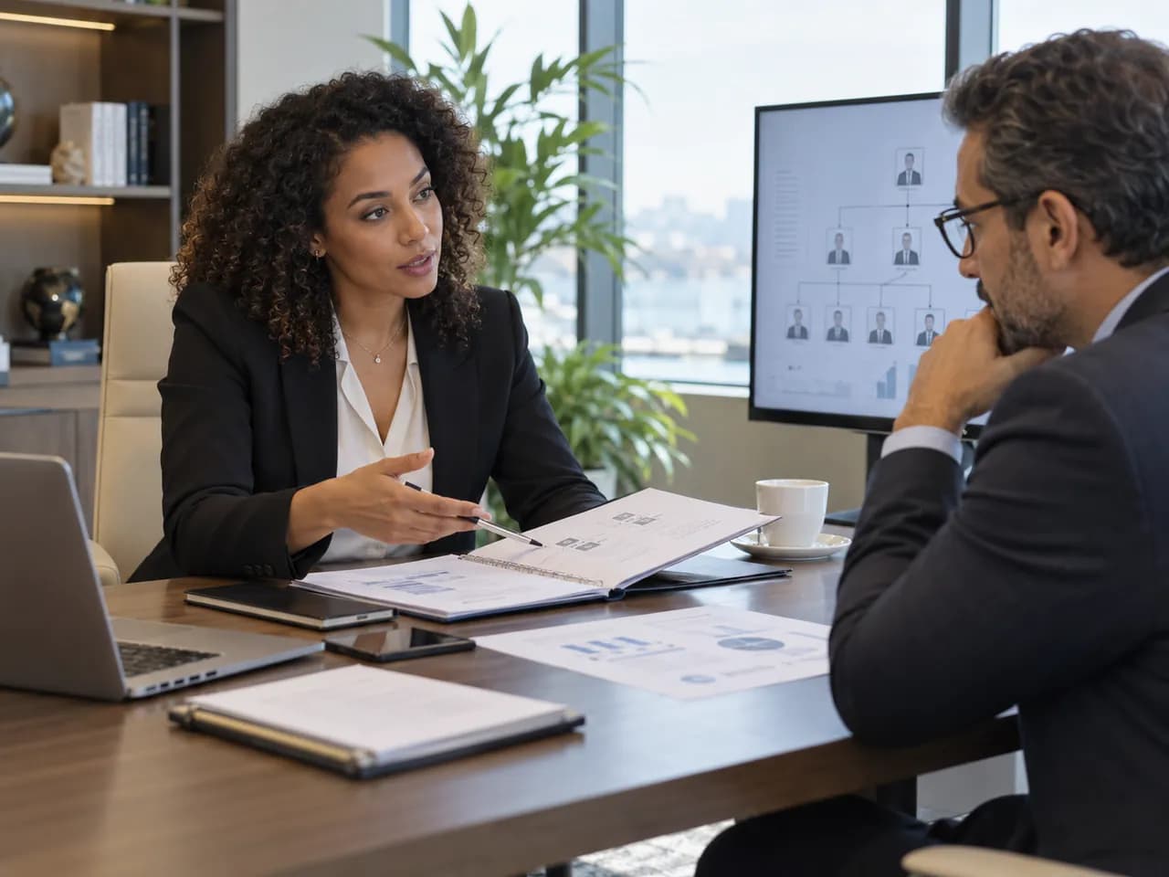 Conseillère RH présentant un organigramme et un plan d’action à un dirigeant