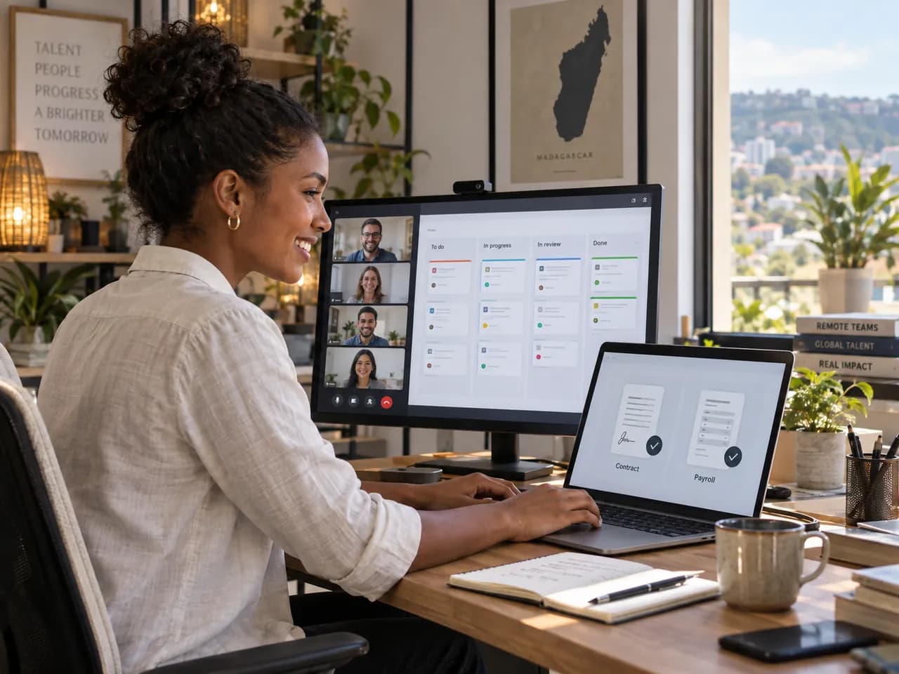 Talent basé à Madagascar intégré à l’équipe de son client, tableau de tâches partagé, contrat et paie pris en charge
