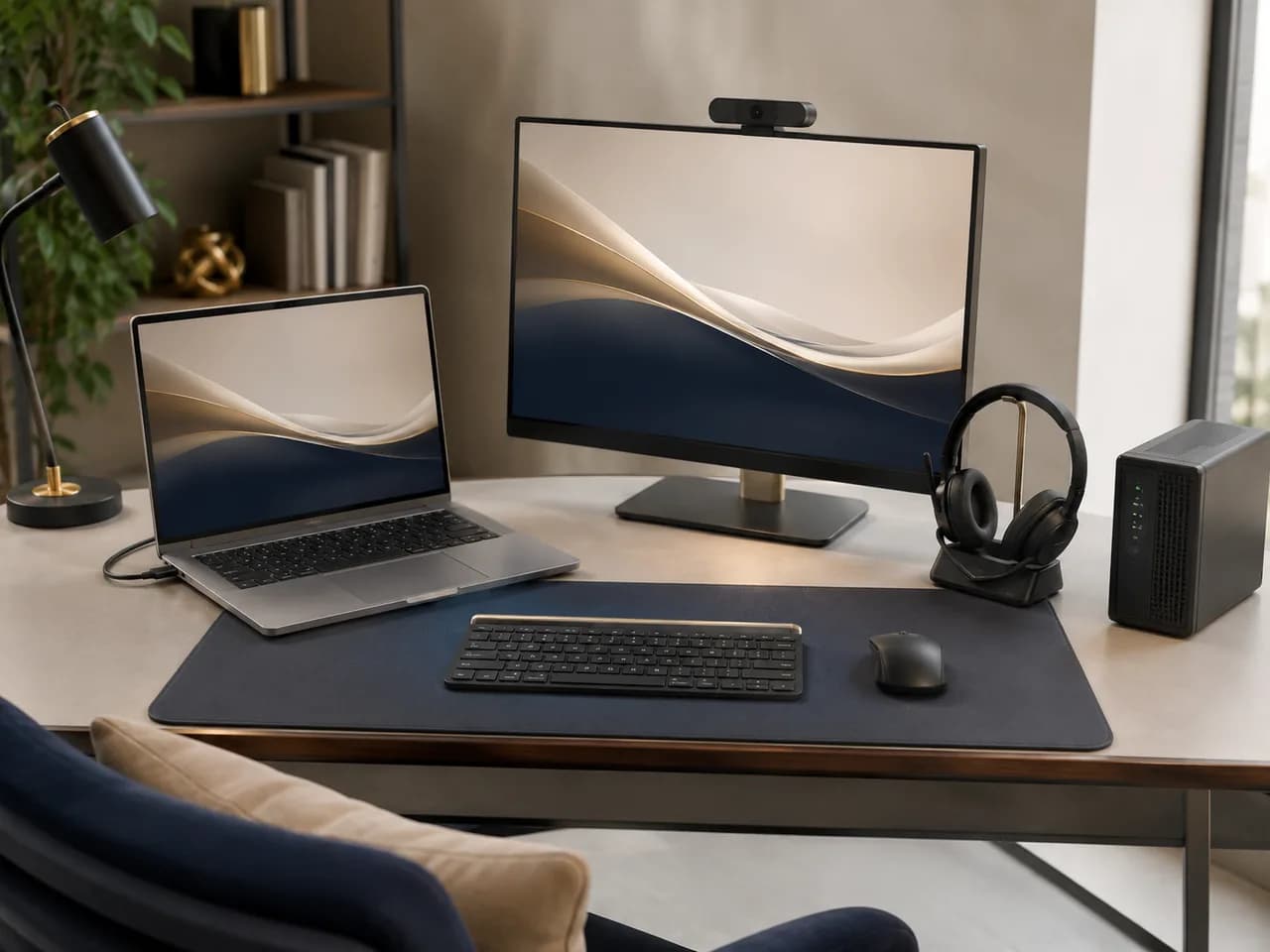 A complete workstation: laptop, monitor, noise-cancelling headset and UPS